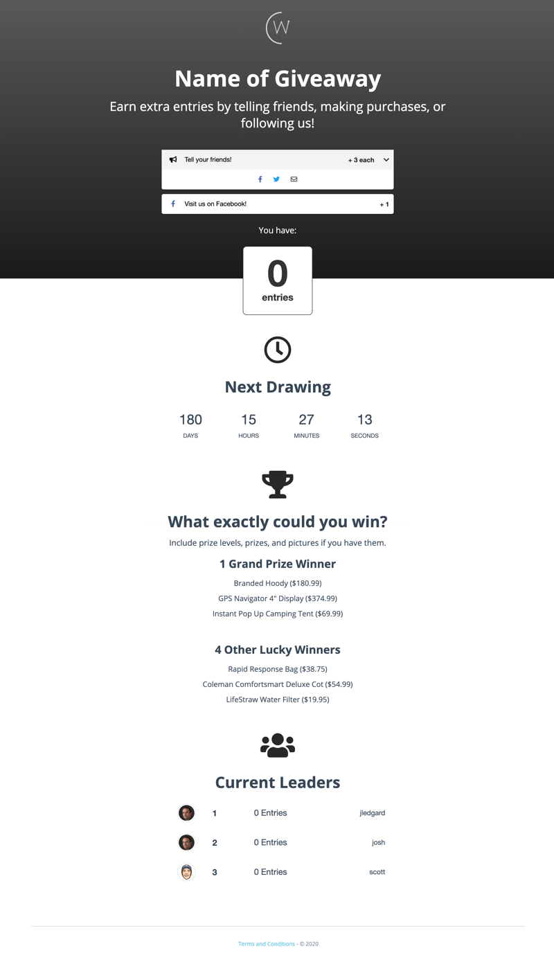 Landing Page Template:  Simple Giveaway Status - Contest